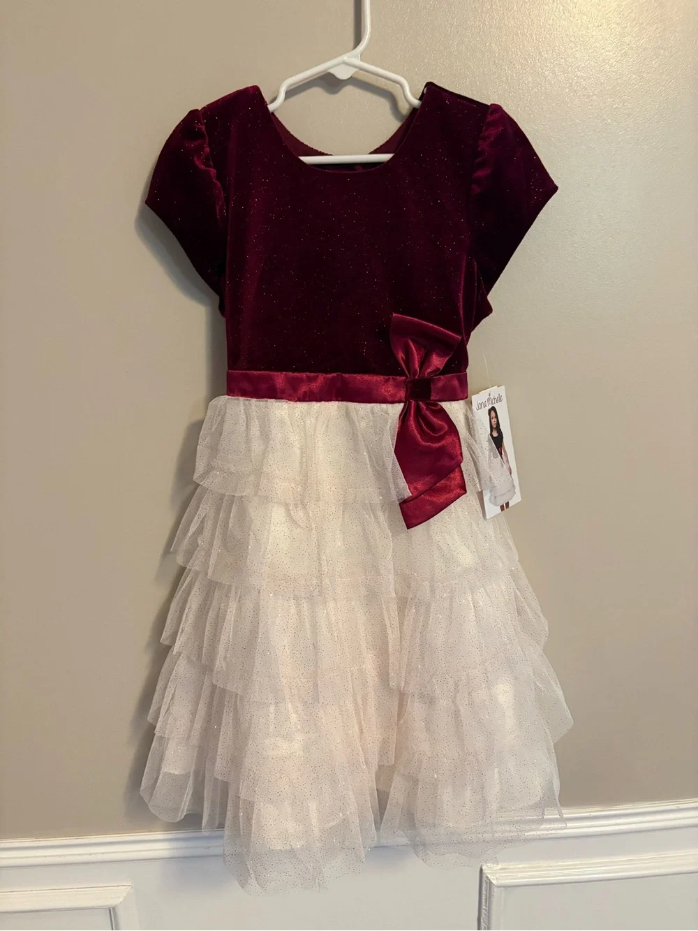 Jona Michelle Burgundy and Ivory Layered Tulle Party Dress